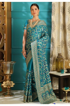 Turquoise blue silk saree with blouse  4114